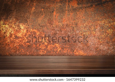 Wooden shelf table floor and abstract rusty wall in grunge style backgrounds, shelf display products.