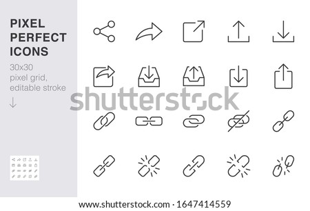 Share button line icon set. Link, broken hyperlink, download, publish, attach chain minimal vector illustrations. Simple outline signs for web application url. 30x30 Pixel Perfect. Editable Strokes. Royalty-Free Stock Photo #1647414559