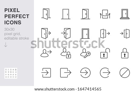 Open door line icon set. Login, logout, register, password, vip entrance, key, lock, exit minimal vector illustrations. Simple outline signs for web application. 30x30 Pixel Perfect. Editable Strokes. Royalty-Free Stock Photo #1647414565