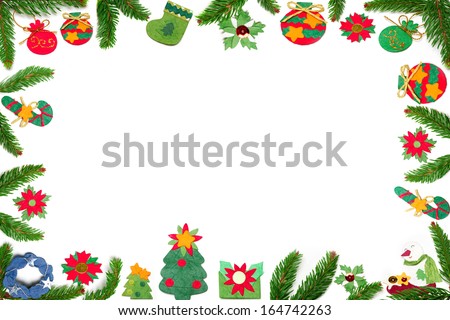 Christmas border made with paper ornaments and fir tree 