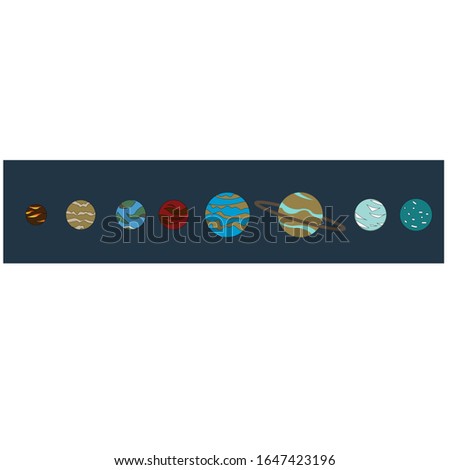 Solar system in cartoon style, colorful cute planets in night sky. Vector stock illustration of eight heavenly bodies.