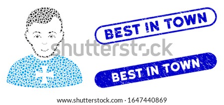 Collage order chevalier and grunge stamp seals with Best in Town caption. Mosaic vector order chevalier is created with randomized ellipse spots. Best in Town stamp seals use blue color,
