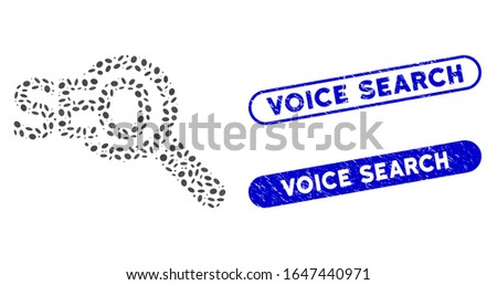 Mosaic seo tool and distressed stamp watermarks with Voice Search caption. Mosaic vector seo tool is designed with random elliptic parts. Voice Search stamp seals use blue color,