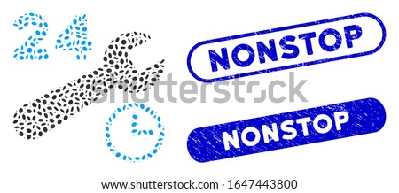 Mosaic service hours and distressed stamp watermarks with Nonstop text. Mosaic vector service hours is formed with scattered ellipse parts. Nonstop stamp seals use blue color,