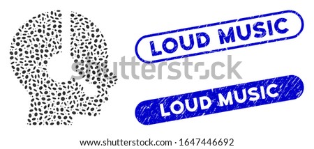 Mosaic operator and rubber stamp seals with Loud Music text. Mosaic vector operator is designed with random oval spots. Loud Music stamp seals use blue color, and have round rectangle shape.