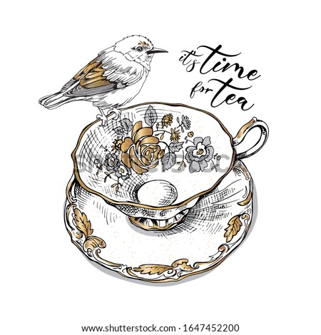 Сup and saucer with gold and silver floral decor. A bird sits on the edge of a porcelain. It's time for tea - lettering quote. Romantic card composition, hand drawn style print. Vector illustration.