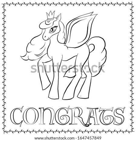 Vector outline pony. Card with cketch pony congrats. Magic coloring pegasus