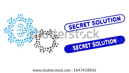 Mosaic Euro mechanics and corroded stamp seals with Secret Solution text. Mosaic vector Euro mechanics is created with randomized oval items. Secret Solution stamp seals use blue color,