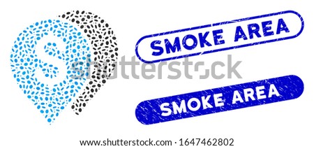 Mosaic bank markers and grunge stamp seals with Smoke Area phrase. Mosaic vector bank markers is created with randomized oval spots. Smoke Area stamp seals use blue color,