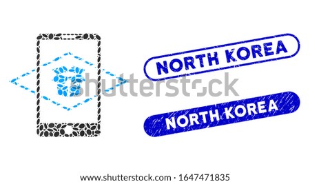 Mosaic augmented reality and distressed stamp seals with North Korea text. Mosaic vector augmented reality is composed with random elliptic dots. North Korea stamp seals use blue color,