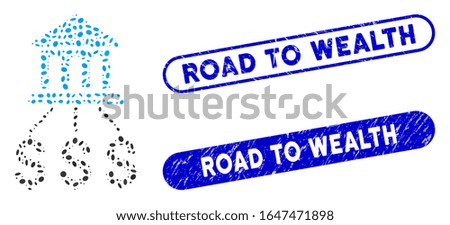 Mosaic bank scheme and rubber stamp seals with Road to Wealth phrase. Mosaic vector bank scheme is designed with scattered ellipse items. Road to Wealth stamp seals use blue color,