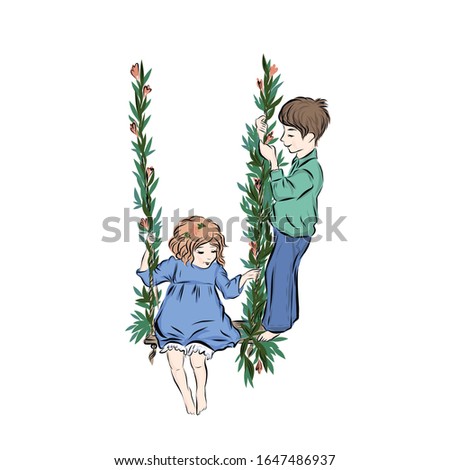 Boy and girl swing on a swing entwined with leaves and flowers