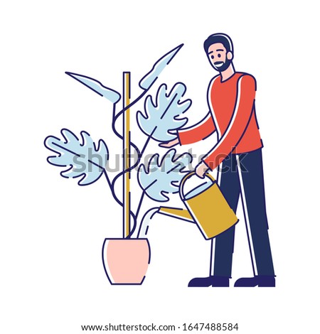 Young Man Watering and Planting Flower. Gardener or Florist Working in Botanical Garden or Home Backyard Terrace Orangery Care of Plant in Pot Enjoying Hobby. Cartoon Vector Illustration, Line Art