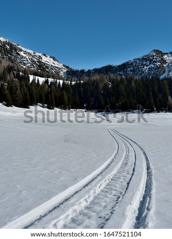 Picture of Palù lake in Valmalenco in winter. The lake is iced and covered by the snow. In the background.