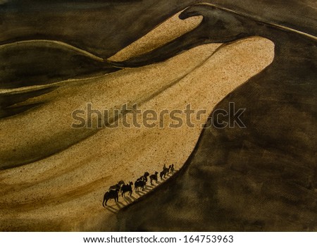 Water colour painting of camel caravan in the desert.
