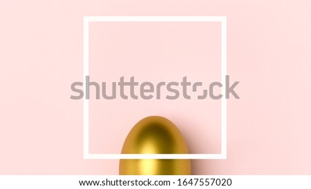 Gold Easter egg on pink modern background, white minimalist frame with space for text. Luxury golden egg poster, Easter holiday wallpaper, minimalist image, top view. 