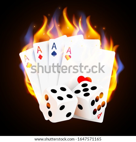 Burning Casino Poker Cards and dices. Online casino and flaming gambling concept. Vector illustration