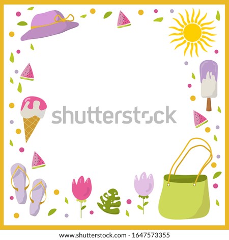 Summer frame for your text with hand-drawn elements. Ice cream, watermelon, leaves, sun, hat, sandals, beach bag. Bright vector illustration.
