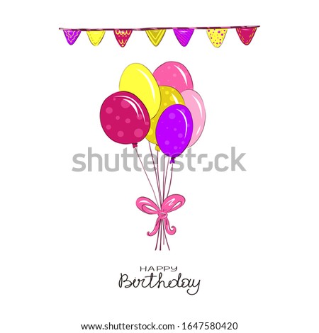 Happy Birthday lettering drawn by hand in doodle style. Congratulations and wishes. Beautiful multi-colored balloons. Anniversary celebration. Vector for design typography.