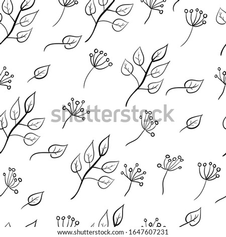 Seamless pattern with black  flowers and leaves on a white background. Suitable for fabric, wrapping paper, wallpaper, bags, clothes, dishes, cases on smartphones and tablets, wallets.