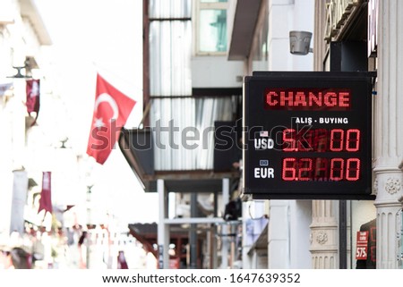 LED signboard of the exchange office. It shows the latest values of the dollar and its euro. Photographed in Istanbul Taksim Square.