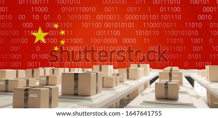 binary code on flag of China and brown packages for delivery in logistics center 3d-illustration