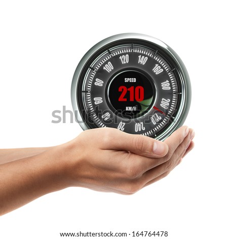 Man hand holding object ( Speedometer )  isolated on white background. High resolution 