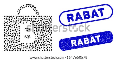 Mosaic Bitcoin accounting case and rubber stamp watermarks with Rabat phrase. Mosaic vector Bitcoin accounting case is formed with random ellipse dots. Rabat stamp seals use blue color,