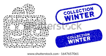 Collage smile wallet and grunge stamp seals with Collection Winter caption. Mosaic vector smile wallet is created with randomized elliptic items. Collection Winter stamp seals use blue color,