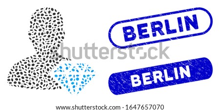 Mosaic goldsmith and rubber stamp watermarks with Berlin caption. Mosaic vector goldsmith is formed with scattered ellipse items. Berlin stamp seals use blue color, and have round rectangle shape.