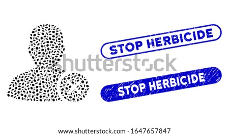 Mosaic user erase and distressed stamp seals with Stop Herbicide caption. Mosaic vector user erase is composed with random ellipse elements. Stop Herbicide stamp seals use blue color,