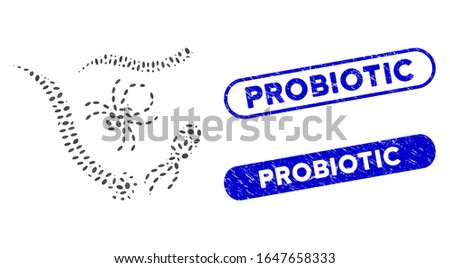 Mosaic parasites and grunge stamp seals with Probiotic caption. Mosaic vector parasites is composed with randomized ellipse spots. Probiotic stamp seals use blue color, and have round rectangle shape.