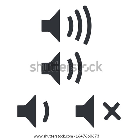 An icon that increases and reduces the sound. Icon showing the mute. A set of sound icons with different signal levels in a flat style. Vector illustration, isolated on white background