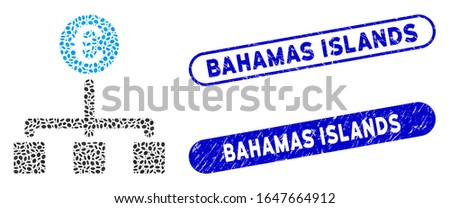 Mosaic Euro cash flow and rubber stamp seals with Bahamas Islands text. Mosaic vector Euro cash flow is formed with randomized ellipse spots. Bahamas Islands stamp seals use blue color,