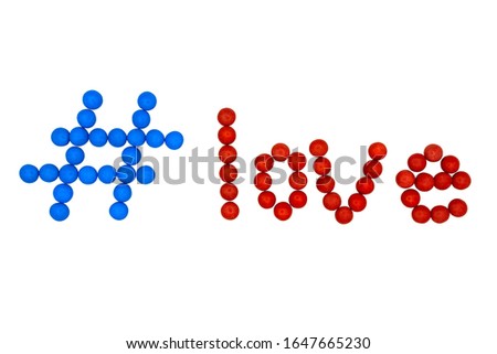Children's game- delicious alphabet learning. Children make words out of colored candies and then eat them. Isolated inscription hashtag love. White background with space for captions and text.
