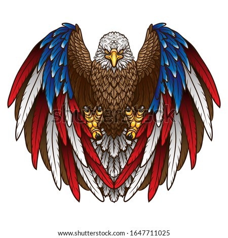 An eagle with an American flag. Graphic, color image of a flying eagle with wings the color of the American flag on a white background. Vector graphics.
