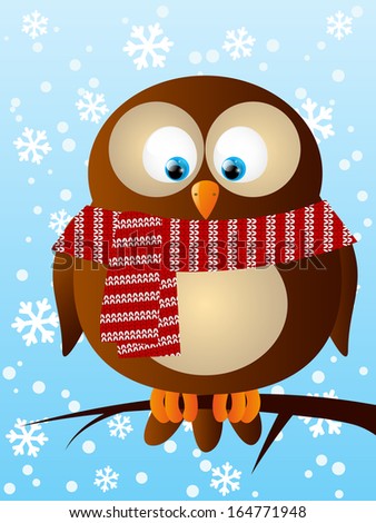 Funny owl wearing knitted scarf