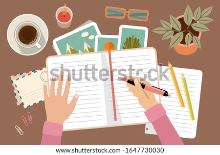 Woman hands holding pen and writing in diary. Personal planning and organization. Workplace. Vector flat illustration