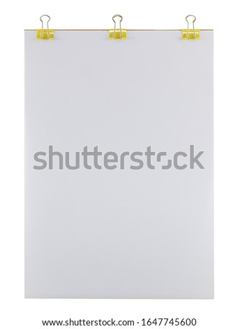 Empty clipboard papers with yellow binder clips. Clean and textured paper surface, isolated on white background.