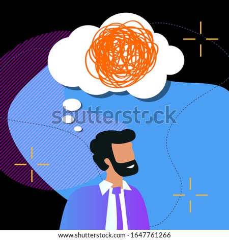 Thoughtful bearded business man with speech bubble and tangled line inside on dark background. concept of chaotic thought process, confusion, personality disorder and depression