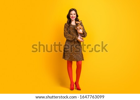 Full length body size view of her she nice attractive lovely charming cheerful cheery wavy-haired girl holding in hand small little dog isolated on bright vivid shine vibrant yellow color background