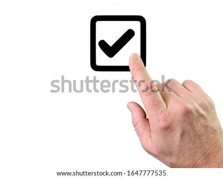 Index finger pushes a button, white background. Finger touch to switch in space. A person turns on or off the system. Concept: inscription on the start, stop button