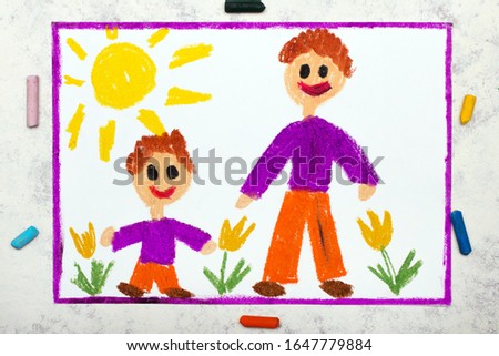 Photo of colorful drawing:  Father and son or older and younger brother. Boys wearing the same clothes 