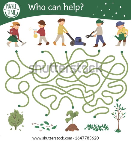 Garden maze for children. Preschool spring activity. Funny game with cute kids doing garden works. Who can help puzzle.