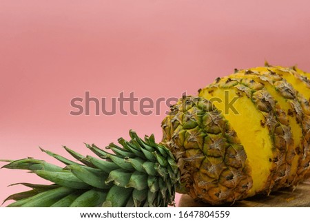 Close-up view of sliced pineapple isolated on a pink background. Tropical food. Healthy and ecological food concept.