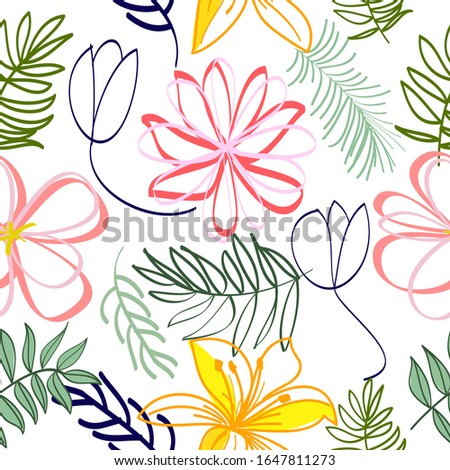 Vector seamless pattern  with abstract flowers, leaves on white background for textile, invitation cards,greeting, print, blogs, bridal cards.
