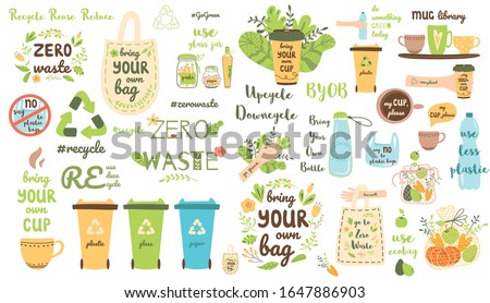 Zero waste elements set Recycle clip art Eco friendly stickers Reusable items products collection Vector
