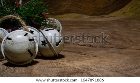 Closeup view of Christmas decoration items on wooden table