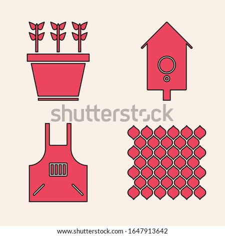 Set Garden fence wooden, Plants in pot, Retro wall watch and Kitchen apron icon. Vector