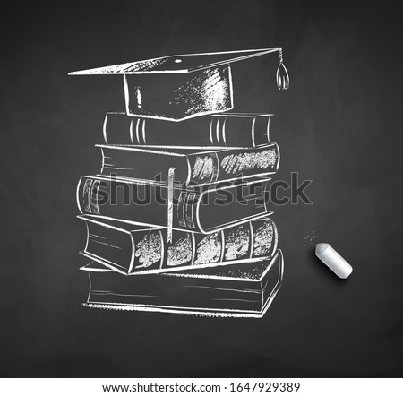 Vector chalk drawn illustration of pile of books and graduation hat on chalkboard background with piece of chalk. Royalty-Free Stock Photo #1647929389